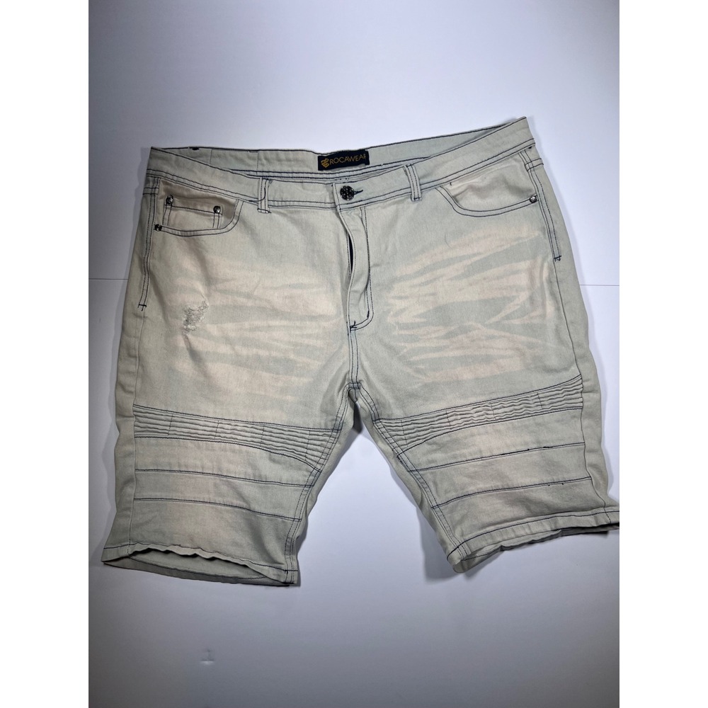 Rocawear Denim Shorts Mens 38 Sand Moto Ribbed Skinny Distressed Streetwear
